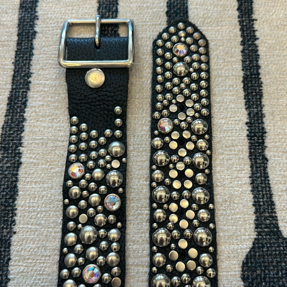 Black leather rhinestone silver studded belt